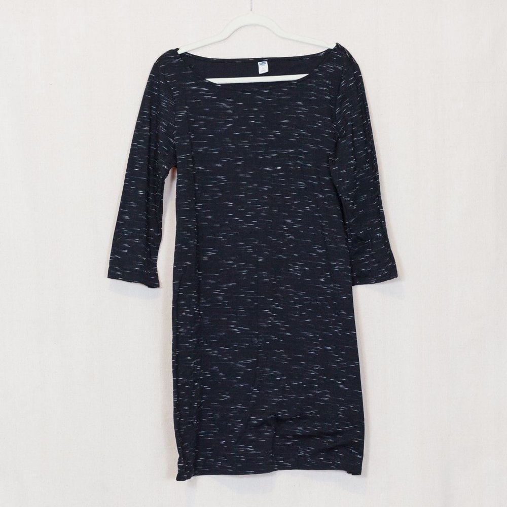 Midi length 3/4 sleeve boat neck heathered black dress